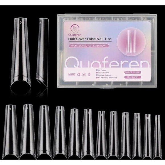 Half Cover False Nail Tips Pre Numbered Clear Press On Nails Set 1.69in-1.38in - Picture 1 of 5